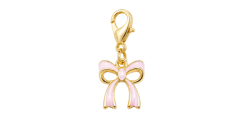 A gold charm shaped like a bow with light pink enamel details, attached to a gold lobster clasp, shown on a plain white background.